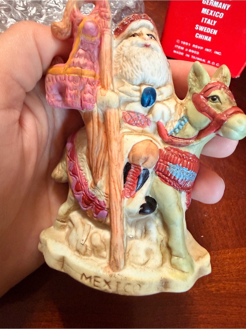 Mexico Santa on Donkey Porcelain Figurine - Pink and Cream